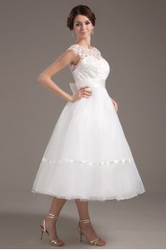 Organza Collar Neckline Tea-Length A-line Dress with Lace