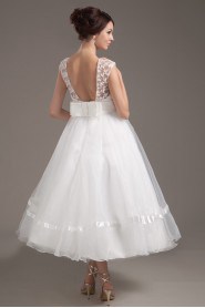 Organza Collar Neckline Tea-Length A-line Dress with Lace