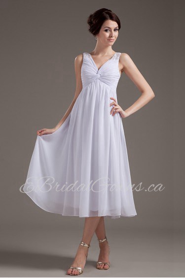 Chiffon V-Neckline Tea-Length Column Dress with Beaded