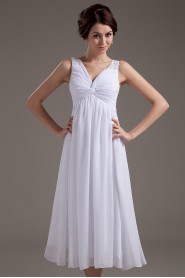 Chiffon V-Neckline Tea-Length Column Dress with Beaded