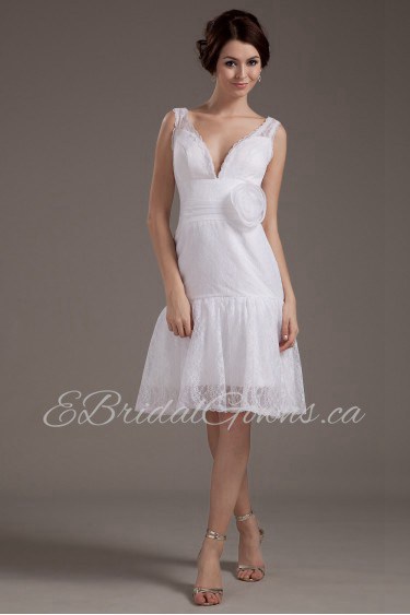 Lace V-Neckline Short A-line Dress with Handmade Flower