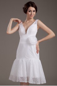 Lace V-Neckline Short A-line Dress with Handmade Flower