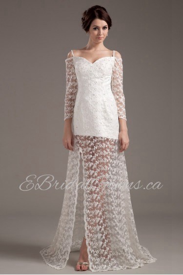 Satin and Lace Sweetheart Floor Length A-Line Dress with Long Sleeves