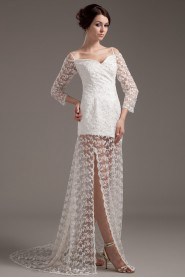 Satin and Lace Sweetheart Floor Length A-Line Dress with Long Sleeves