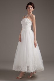 Satin and Yarn Strapless Tea-Length A-line Dress with Embroidery