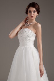 Satin and Yarn Strapless Tea-Length A-line Dress with Embroidery