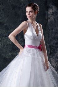 Taffeta and Yarn V-Neckline Tea-Length Ball Gown with Handmade Flower