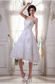 Satin and Yarn Sweetheart Tea-Length A-Line Dress with Embroidery