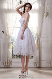 Satin and Yarn Sweetheart Tea-Length A-Line Dress with Embroidery