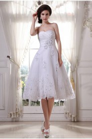 Satin and Yarn Sweetheart Tea-Length A-Line Dress with Embroidery