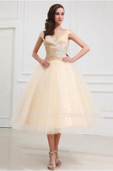 Taffeta and Yarn V-Neckline Tea-Length Ball Gown with Embroidery 