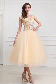 Taffeta and Yarn V-Neckline Tea-Length Ball Gown with Embroidery 