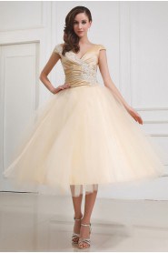 Taffeta and Yarn V-Neckline Tea-Length Ball Gown with Embroidery 