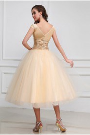 Taffeta and Yarn V-Neckline Tea-Length Ball Gown with Embroidery 