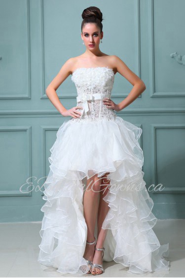 Satin Strapless Ball Gown with Embroidery and Ruffle