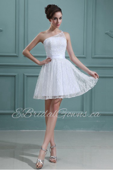 Lace and Satin One-Shoulder Short Dress with Embroidery