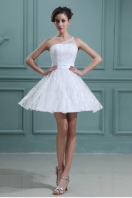 Lace and Satin One-Shoulder Short Dress with Embroidery