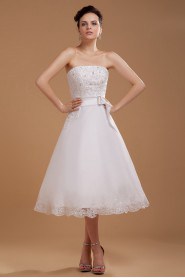 Satin and Yarn Strapless Tea-Length A-line Dress with Embroidery 