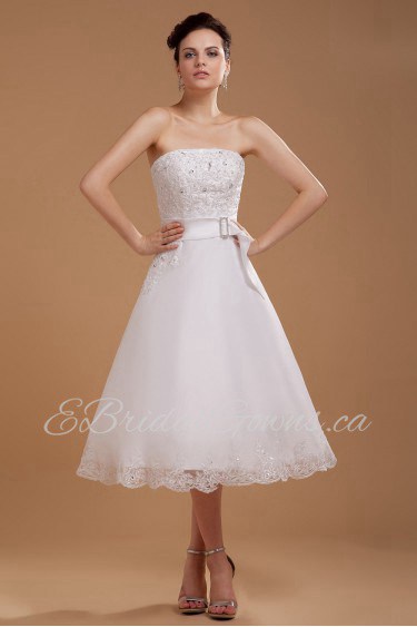 Satin and Yarn Strapless Tea-Length A-line Dress with Embroidery 