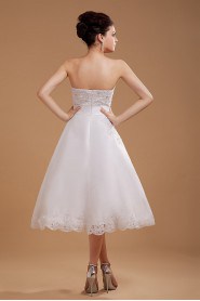 Satin and Yarn Strapless Tea-Length A-line Dress with Embroidery 