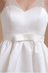 Satin V-Neckline Short Dress with Beaded and Bowtie