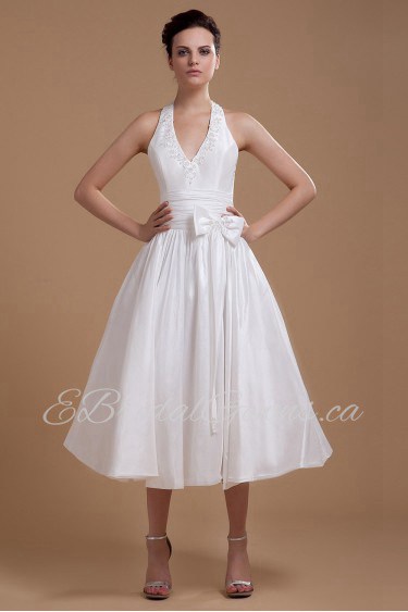 Satin Halter Neckline Tea-Length A-line Dress with Sash