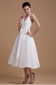 Satin Halter Neckline Tea-Length A-line Dress with Sash