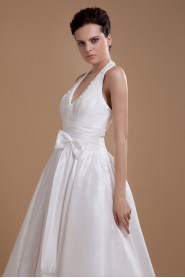 Satin Halter Neckline Tea-Length A-line Dress with Sash