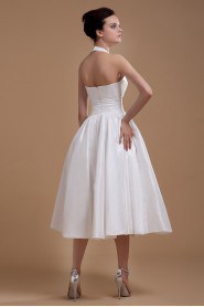 Satin Halter Neckline Tea-Length A-line Dress with Sash