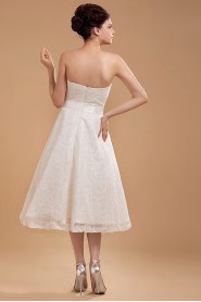 Satin and Lace Sweetheart Tea-Length A-line Dress with Hand-made Flower