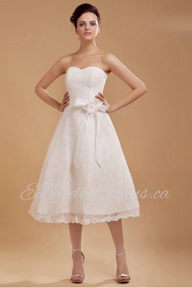 Satin and Lace Sweetheart Tea-Length A-line Dress with Hand-made Flower