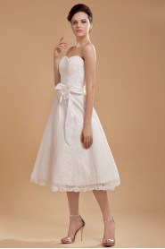 Satin and Lace Sweetheart Tea-Length A-line Dress with Hand-made Flower