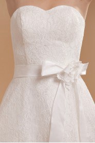 Satin and Lace Sweetheart Tea-Length A-line Dress with Hand-made Flower