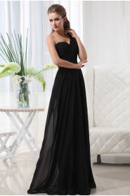 Chiffon One-Shoulder Floor Length Empire Dress with Ruffle and Flower