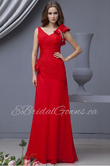 Chiffon V-Neckline Floor Length A-line Dress with Bowtie