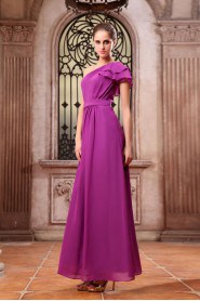 Chiffon One-Shoulder Ankle-Length A-line Dress with 