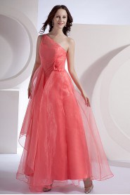 Chiffon One-Shoulder Ankle-Length Empire Dress with Hand-made Flower