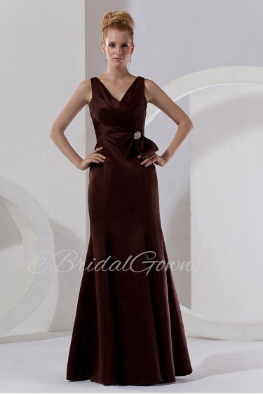 Satin V-Neckline Floor Length Sheath Dress with Ruffle and Flowers