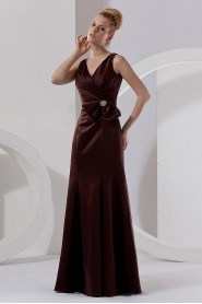 Satin V-Neckline Floor Length Sheath Dress with Ruffle and Flowers