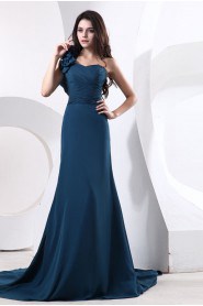 Satin and Tulle One-Shoulder A-line Dress with Manual Flowers