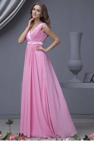 Chiffon V-Neckline Floor Length Column Dress with Ruffle