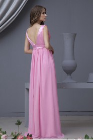 Chiffon V-Neckline Floor Length Column Dress with Ruffle