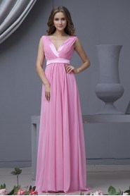 Chiffon V-Neckline Floor Length Column Dress with Ruffle