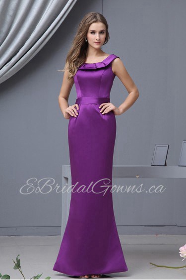 Satin Round Neckline Floor Length Sheath Dress with Ruffle