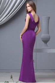 Satin Round Neckline Floor Length Sheath Dress with Ruffle