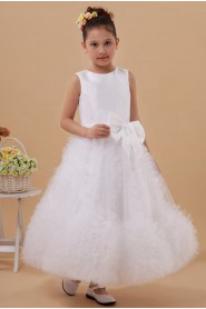 Satin and Tulle Jewel Neckline Ankle-Length A-line Dress with Bow