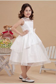 Satin and Organza Jewel Neckline Tea-Length A-line Dress