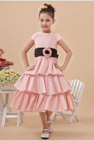 Satin Jewel Neckline Short Princess Dress with Hand-made Flower and Cap-Sleeves