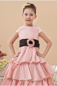 Satin Jewel Neckline Short Princess Dress with Hand-made Flower and Cap-Sleeves