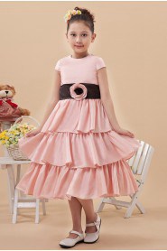 Satin Jewel Neckline Short Princess Dress with Hand-made Flower and Cap-Sleeves